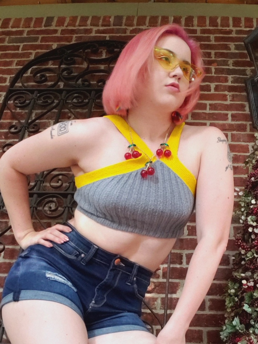 Vintage Yellow and Grey Knit Crop Top